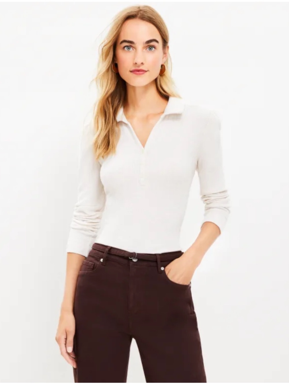 Loft Cozy Ribbed Puff Sleeve Polo Top